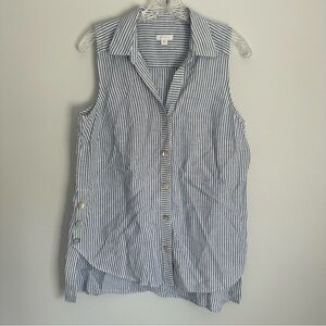 J. Jill Love Linen Blue & White stripe Side Button Sleeveless Button Down Shirt
